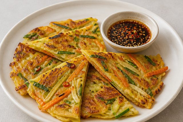 Panquecas coreanas de vegetais com molho de gergelim