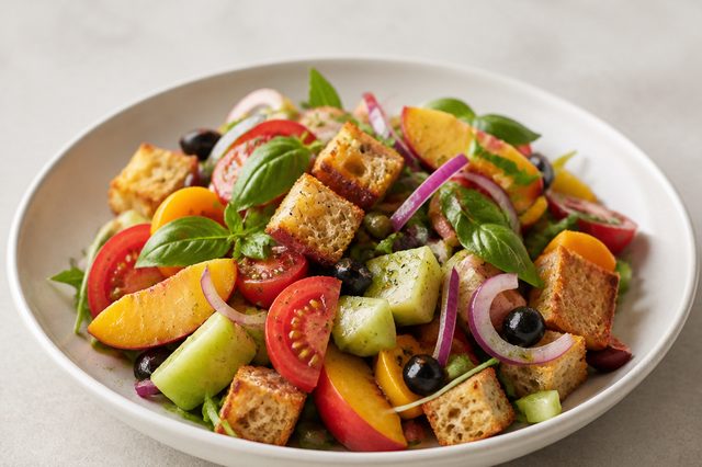 Panzanella de nectarina com molho de laranja