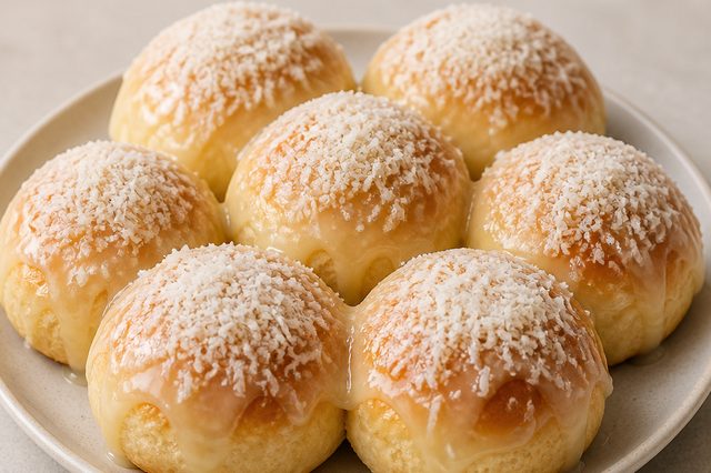 Pão doce de coco com cobertura de leite condensado