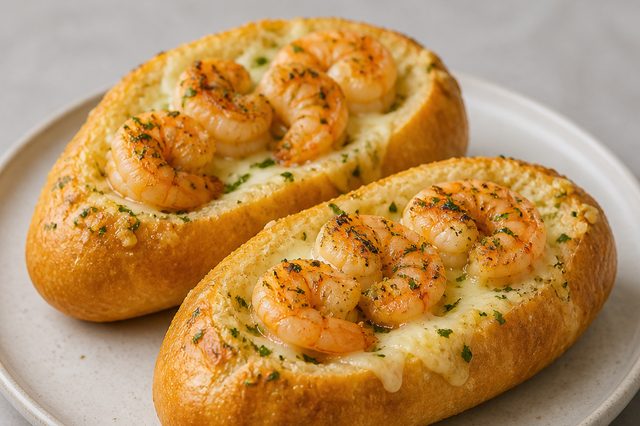 Pão francês recheado com camarão e pasta de alho