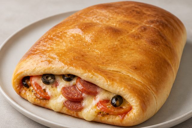 Pão recheado de calabresa, tomate e muçarela