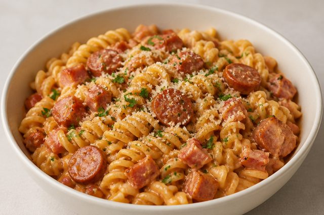 Parafuso de uma panela com bacon calabresa e creme de leite