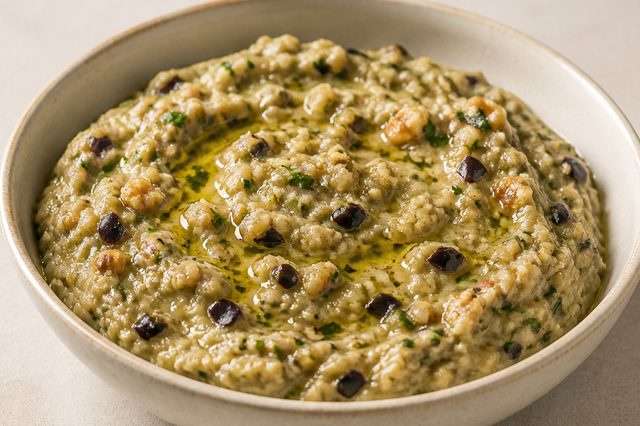 Pasta mediterrânea de berinjela com nozes e azeitonas