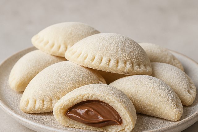 Pastel doce de leite em pó recheado com creme de avelã