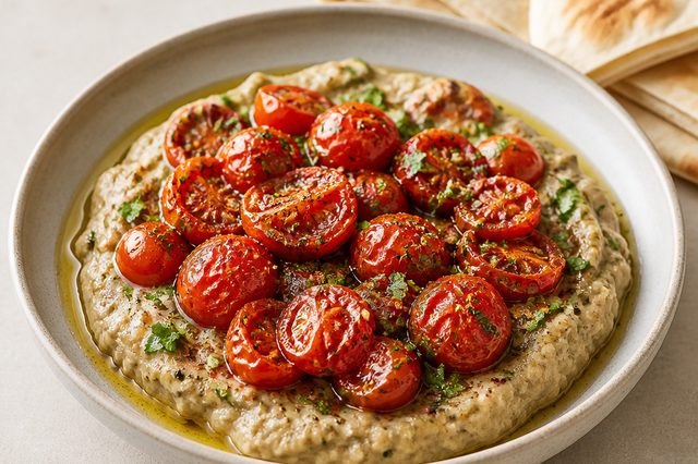 Patê de berinjela com tomates-cereja assados