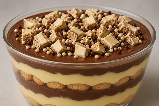 Pavê de bombom branco com creme de gemas e chocolate