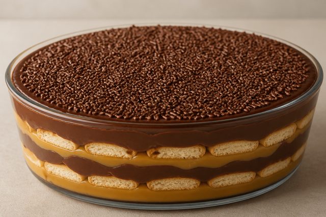 Pavê de caramelo amanteigado com ganache meio amarga