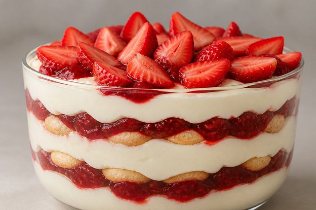 Pavê de cream cheese e nata com geleia de morango