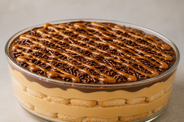Pavê de doce de leite batido com creme e ganache
