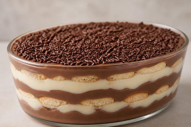 Pavê de leite em pó com creme de avelã e chocolate amargo