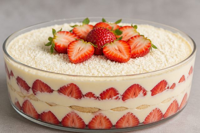 Pavê de leite em pó com morangos e biscoito maisena