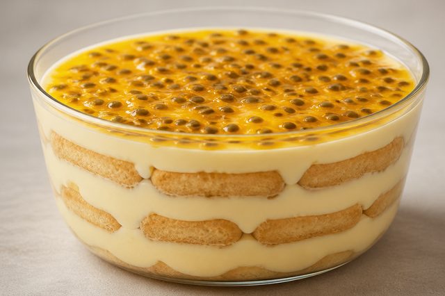 Pavê de maracujá com chocolate branco e biscoito champanhe
