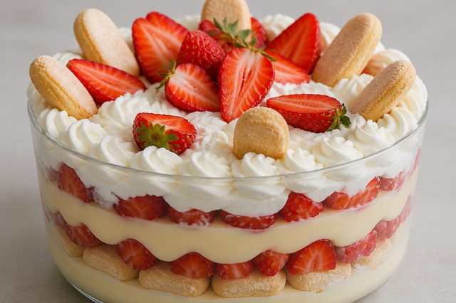 Pavê de morango com biscoito champanhe e chantilly