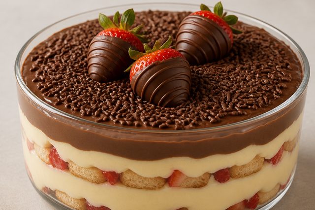 Pavê de morango com sobremesa cremosa de dois chocolates