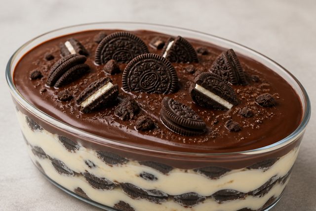 Pavê de Oreo com creme cozido de baunilha e ganache