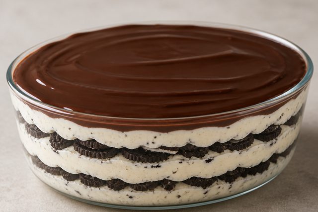 Pavê de Oreo com nata batida e ganache amarga