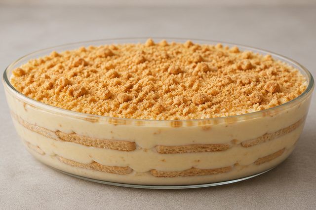 Pavê de paçoca com creme cozido e biscoito maisena