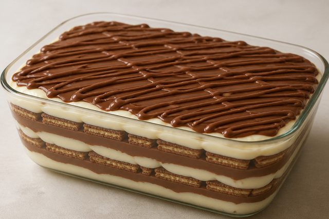 Pavê de wafer com cremes branco e de chocolate
