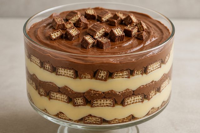 Pavê de wafer de chocolate com creme belga e avelã