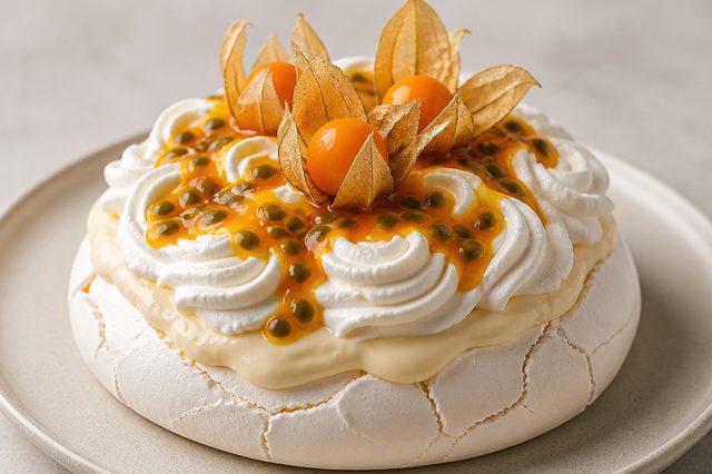 Pavlova com creme de coco e geleia de maracujá