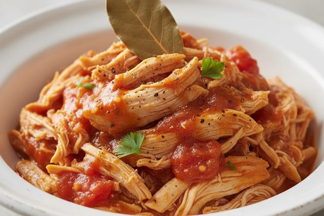Peito de frango desfiado com louro e tomate