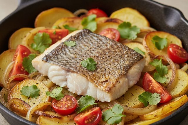 Peixe assado sobre batata cebola e tomate