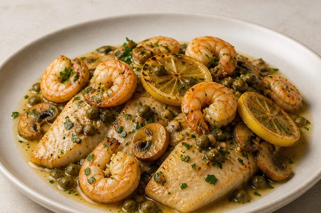 Peixe Belle Meunière com camarões e alcaparras