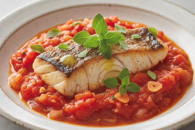 Peixe namorado ao molho de tomate fresco