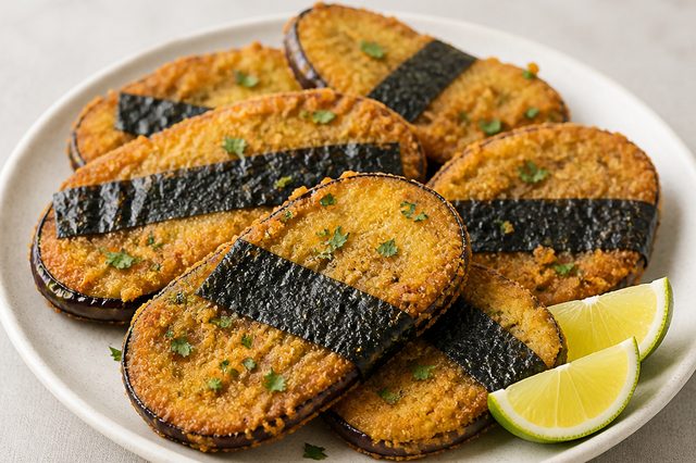 Peixinho vegano de berinjela com alga nori