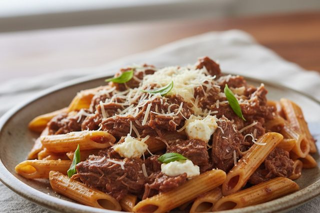 Penne com carne de panela e requeijão