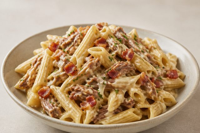 Penne com cupim assado e creme de batata com bacon