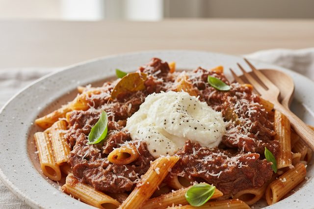 Penne com ragu de alcatra e creme de ricota