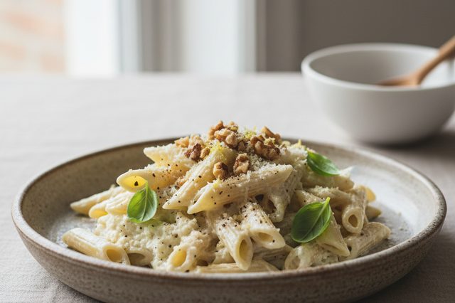 Penne com ricota e limão siciliano