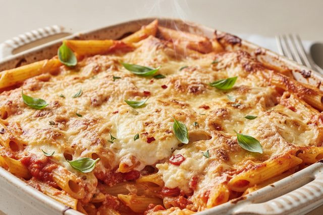 Penne gratinado com ricota e burrata