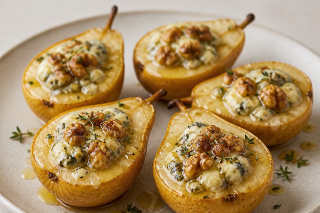 Pêras assadas com gorgonzola, nozes e mel