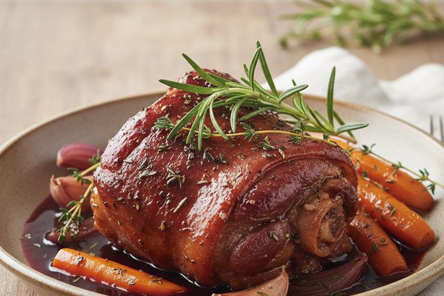 Pernil cozido com vinho tinto e ervas