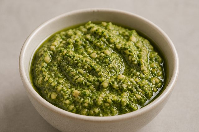 Pesto de amêndoas e folhas verdes