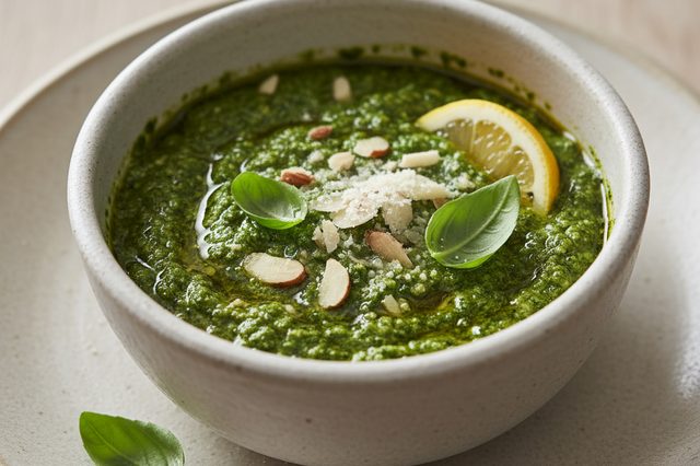 Pesto de manjericão com amêndoas e limão