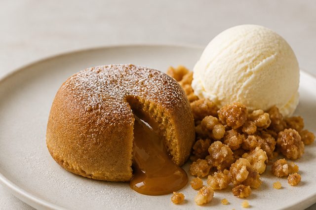 Petit gâteau de doce de leite com farofa de nozes