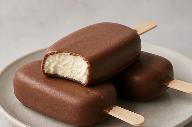 Picolé cremoso de leite em pó com casquinha de chocolate