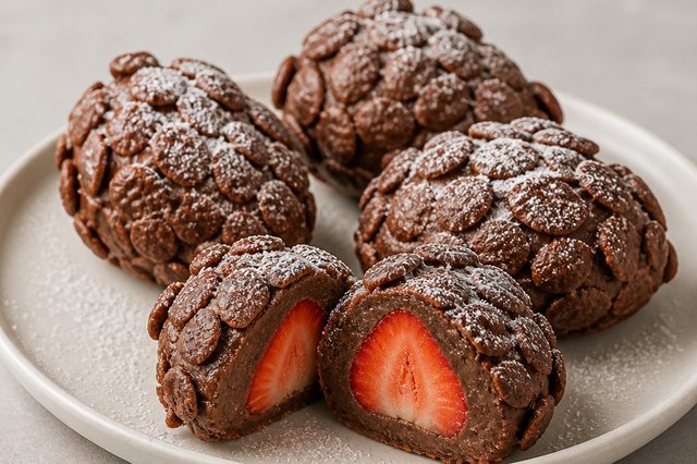 Pinhas de brigadeiro recheadas com morango