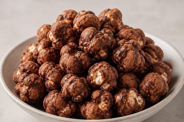 Pipoca caramelizada com cobertura de chocolate