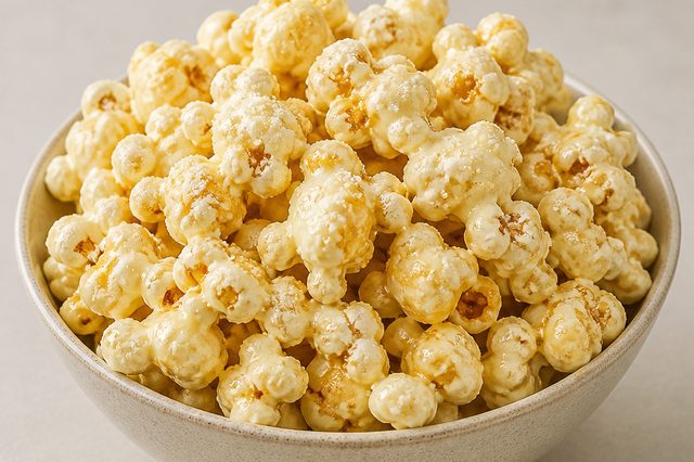 Pipoca doce estourada no caramelo com chocolate branco