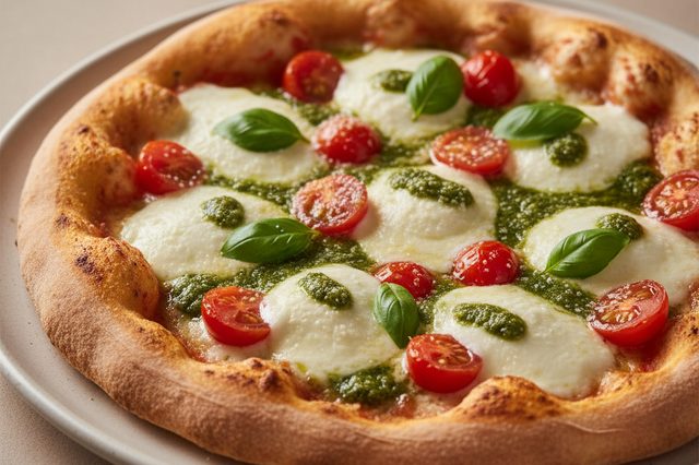 Pizza caseira de muçarela de búfala e pesto