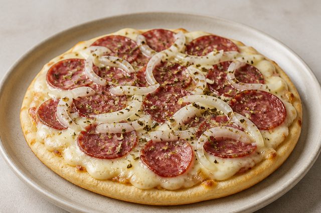 Pizza de frigideira com massa de iogurte e calabresa