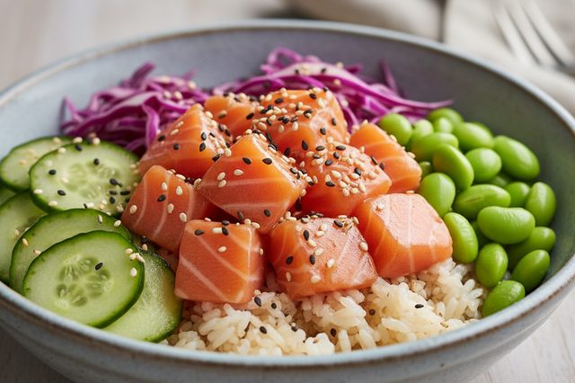 Poke de salmão com sunomono e edamame
