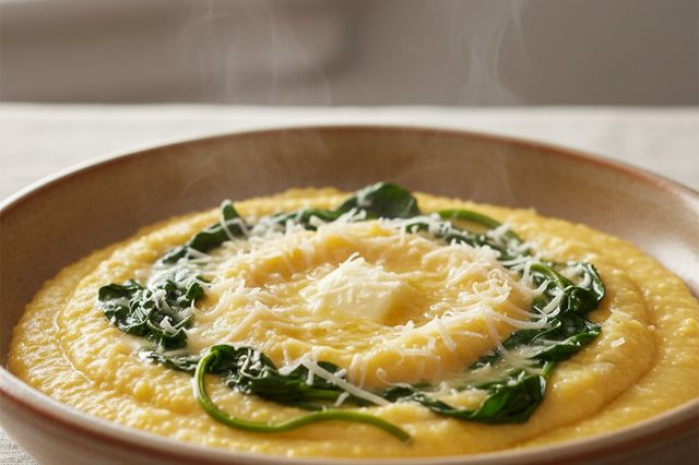 Polenta cremosa com agrião e queijo