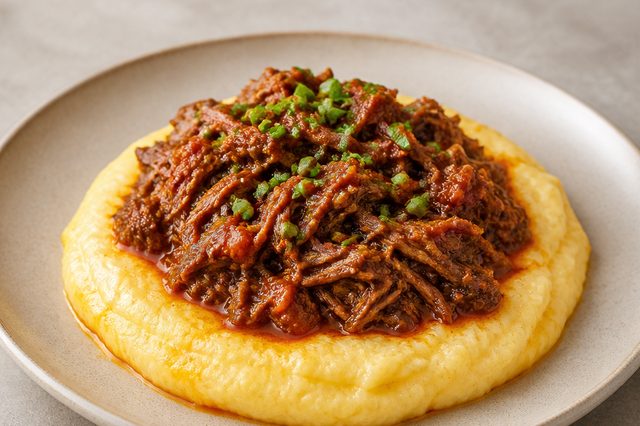 Polenta cremosa com ragu de carne desfiada