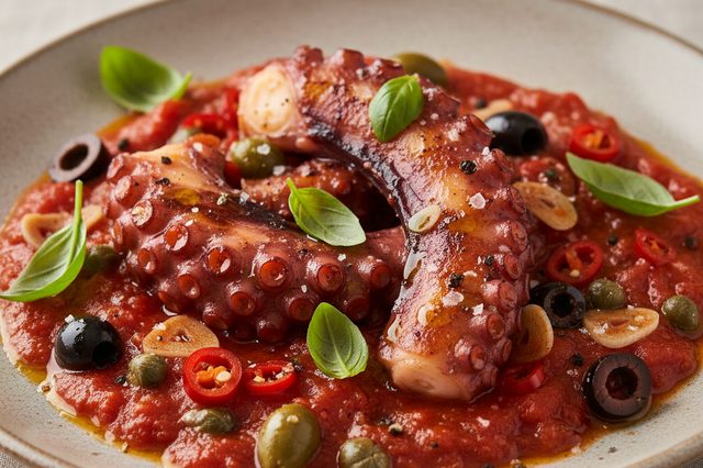 Polvo com molho mediterrâneo de tomate