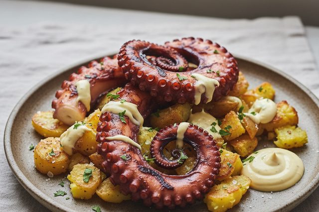 Polvo grelhado com batatas ao murro e aioli